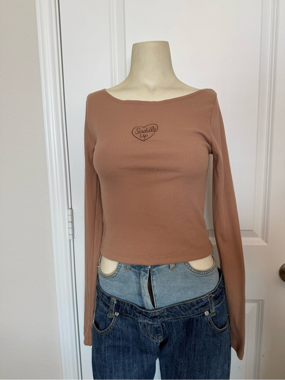 BNWT Brown Dirty Laundry Embroidered Saddle Up Ribbed Long Sleeve T-Shirt